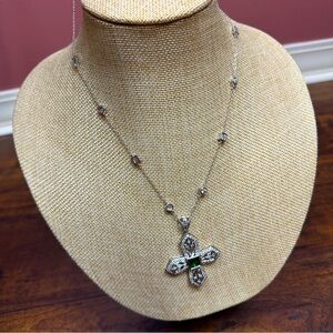 Ross Simons silver cross pendant necklace with emerald green stone center